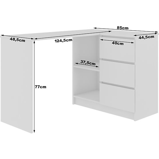 SAROK ÍRÓASZTAL B16 124 cm JOBB 3 FIÓK PK FEHÉR / FEHÉR FÉNYES