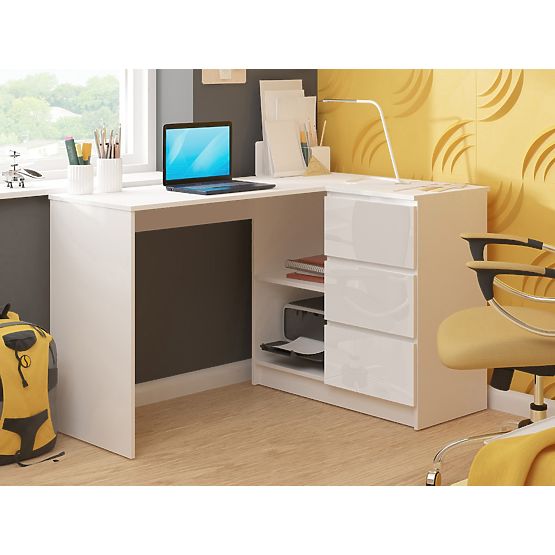 SAROK ÍRÓASZTAL B16 124 cm JOBB 3 FIÓK PK FEHÉR / FEHÉR FÉNYES