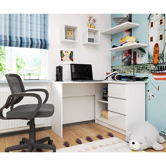 SAROK ÍRÓASZTAL B16 124 cm JOBB 3 FIÓK PK FEHÉR / FEHÉR FÉNYES