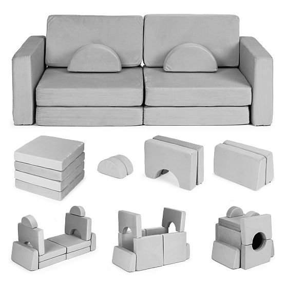Összecsukható moduláris gyerek kanapé nagy 2 személyes DIY 10 puha párnával - szürke ECOTOYS