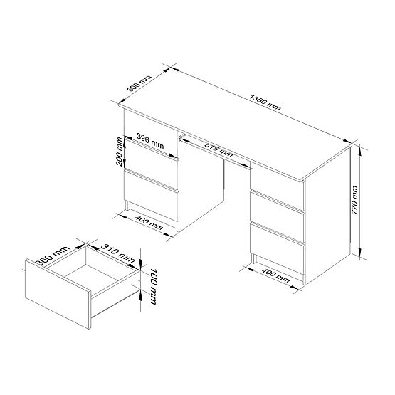 Számítógépasztal A-11 135 cm 6 fiók fehér-grafit szürke