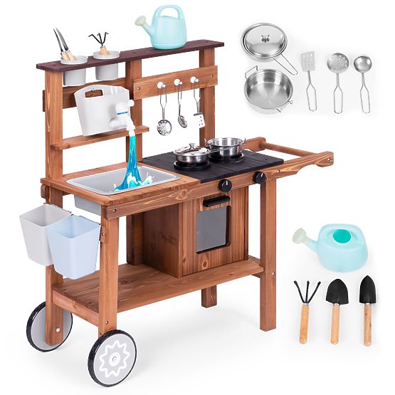 Kültéri sáros konyha gyerekeknek kiegészítőkkel, lucfenyőfa, ECOTOYS