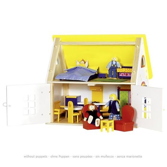 Vidéki ház babákkal bútorokkal