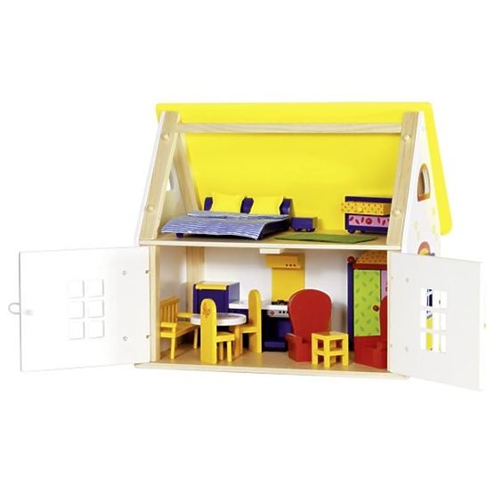 Vidéki ház babákkal bútorokkal