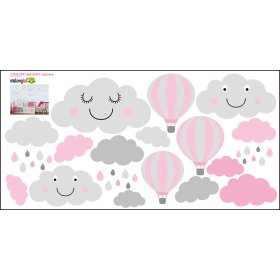Faldekoráció - felhők és léggömbök - szürke-rózsaszín