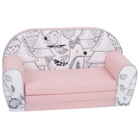 Gyerek kanapé Erdei állatok - rózsaszín-fekete-fehér