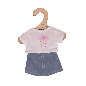 Bigjigs Toys Fehér póló farmer szoknyával 28 cm-es babáknak