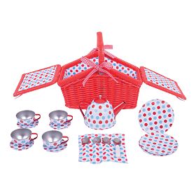 Bigjigs Toys Pöttyös teáskészlet piknikkosárban