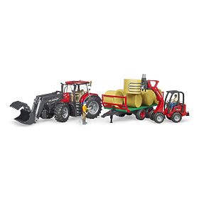Bruder Case IH Optum 300 CVX traktor homlokrakodóval és bálaszállítóval