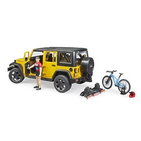 Bruder Jeep Wrangler Rubicon kerékpárossal és biciklivel