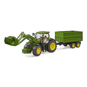 Bruder John Deere 7R 350 traktor homlokrakodóval és tandem szállító utánfutóval, Bruder