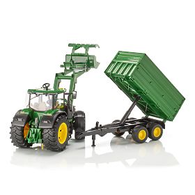 Bruder John Deere 7R 350 traktor homlokrakodóval és tandem szállító utánfutóval, Bruder
