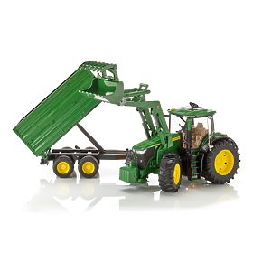 Bruder John Deere 7R 350 traktor homlokrakodóval és tandem szállító utánfutóval, Bruder
