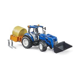 Bruder New Holland T5.120 traktor homlokrakodóval, platóval, villákkal és kerek bálával
