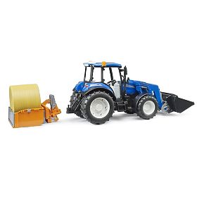 Bruder New Holland T5.120 traktor homlokrakodóval, platóval, villákkal és kerek bálával