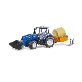 Bruder New Holland T5.120 traktor homlokrakodóval, platóval, villákkal és kerek bálával
