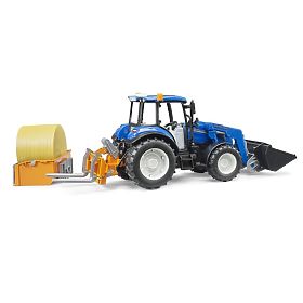 Bruder New Holland T5.120 traktor homlokrakodóval, platóval, villákkal és kerek bálával