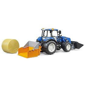 Bruder New Holland T5.120 traktor homlokrakodóval, platóval, villákkal és kerek bálával