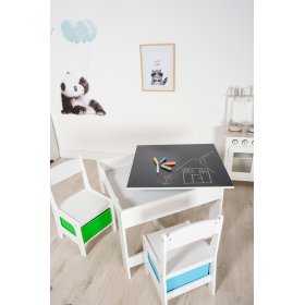 Ourbaby asztal székekkel zöld és kék tárolódobozzal gyermekek számára