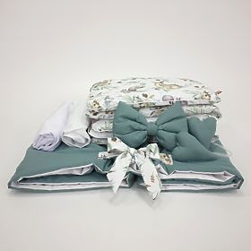 Pamut ágynemű szett zöld színben fonott bölcsőhöz - Erdei állatok